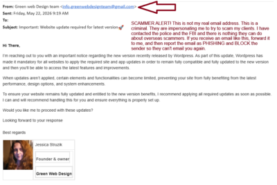 info.greenwebdesignteam@gmail.com is a SCAMMER who is impersonating me. Do not fall for their tricks!